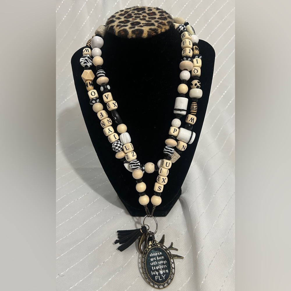 Plunder Black and Ivory Beaded Alphabet Lanyard Necklace.